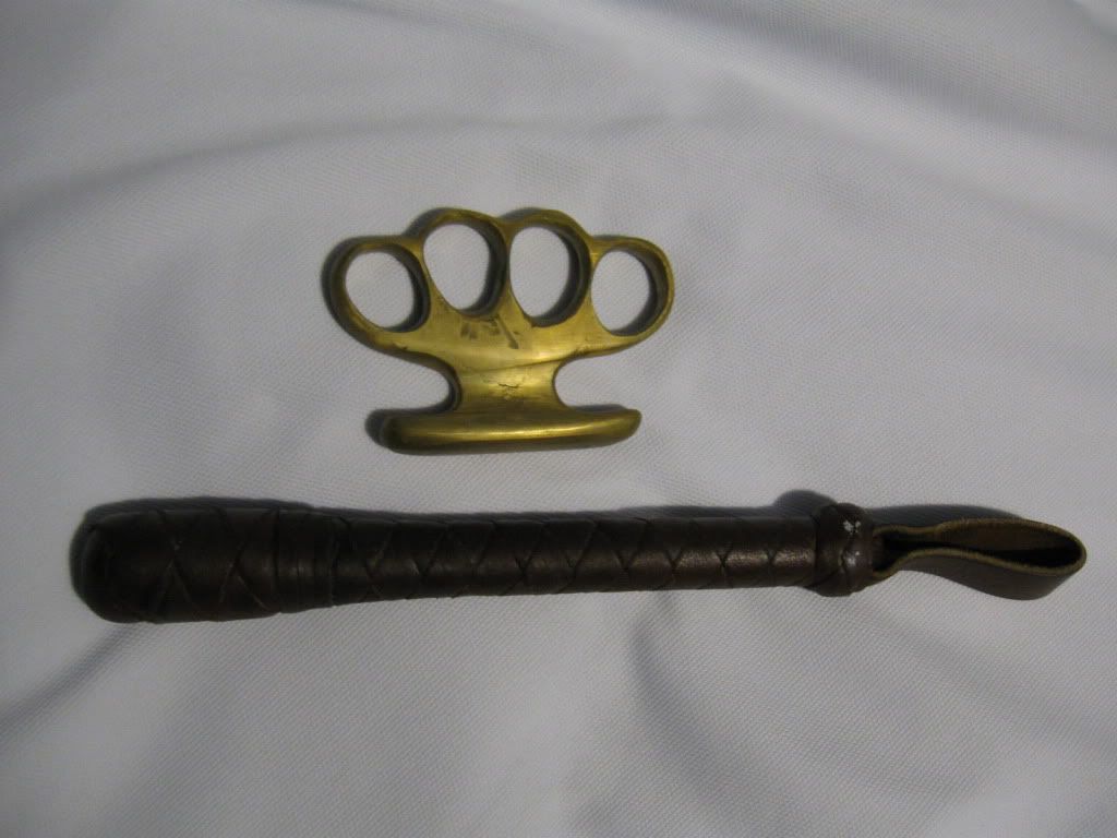 Brass knuckles black jacks, saps, and switchblades. Updated with pics