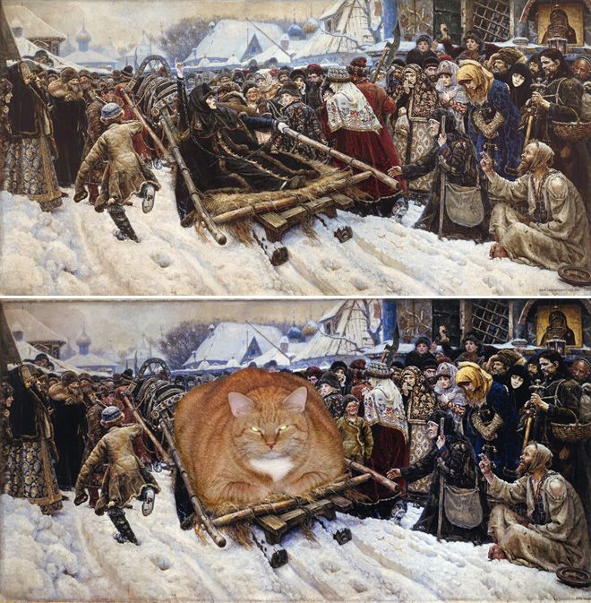 the original version of Vasily Surikov's 'Boyarina Morozova,' a painting depicting Theodosia Morozova being carted to exile, and the updated version, in which Morozova has been replaced by a fat orange-and-white tabby cat