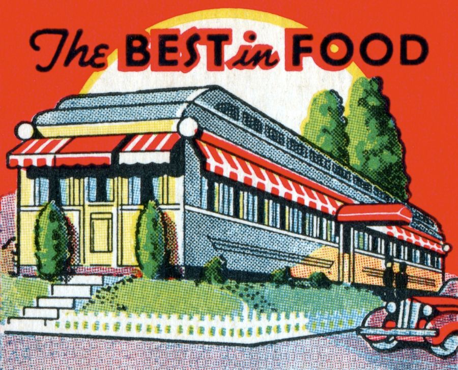 A vintage matchbook cover showing a diner stating The Best in Food