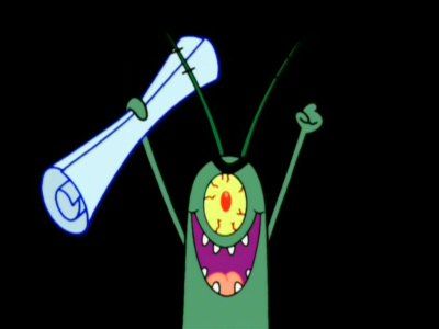 Plankton, the evil villain from Spongebob Squarepants, laughing evilly.