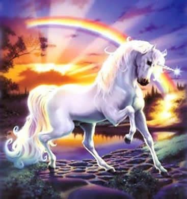 A unicorn standing in front of a rainbow.