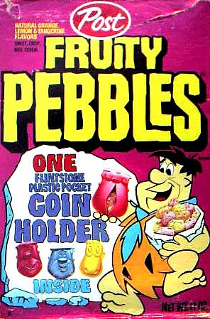 A box of Fruity Pebbles cereal, featuring a free Flintstones character coin purse free inside.