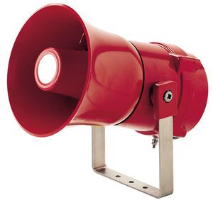 A red wall-mount loudspeaker horn.