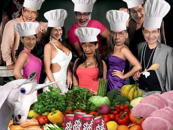 Image of Jersey Shore cast with their heads replaced by Eddie Deezen's head, wearing chef hats, plus porkchops and a unicorn.