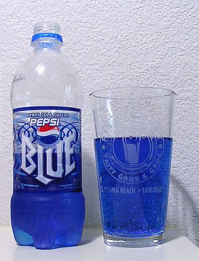 A bottle of Pepsi Blue, a bright blue cola.