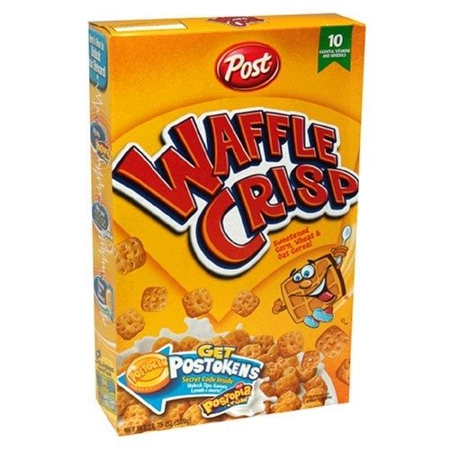 A box of Waffle Crisp cereal.