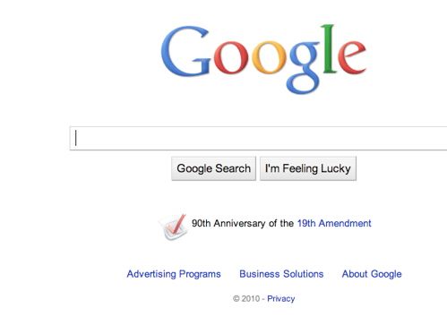 a screenshot of the Goggle homepage with its regular logo and a sentence about the anniversary of the 19th amendment with a pink ribbon beside it