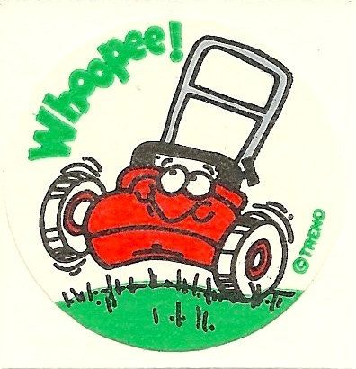 A sticker showing a lawnmower and stating 