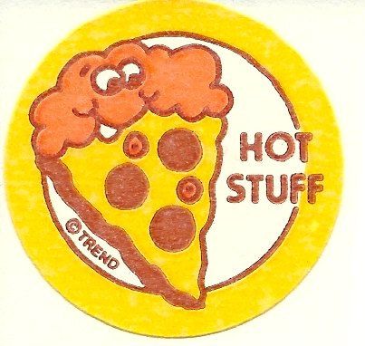 A sticker showing a slice of pizza and the words 