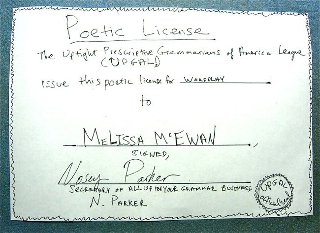 Photo of hand-drawn poetic license for wordplay