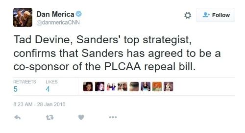 Photo of tweet describing Bernie's position on PLCAA photo Bernieguns_zpsn4zpmyf3.jpg