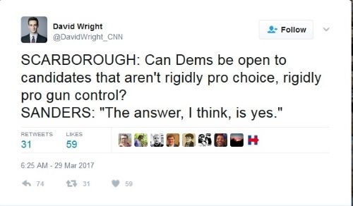  screen cap of tweet authored by David Wright showing the snippet of a transcript from an interview between Joe Scarborough and Bernie Sanders, in which Scarborough asks: 'Can Dems be open to candidates that aren't rigidly pro-choice, rigidly pro gun control?' And Sanders replies: 'The answer, I think, is yes.'