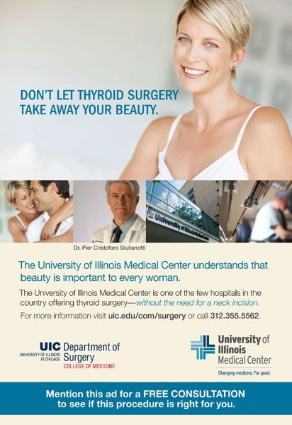 print ad for the University of Illinois at Chicago Department of Surgery, offering a scarless thyroid surgery that won't 'take away your beauty'