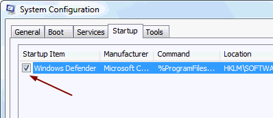 disable Windows defender from MSCONFIG
