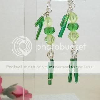 Handmade earrings green bugle dangles 2 tone choice clip on or pierced 