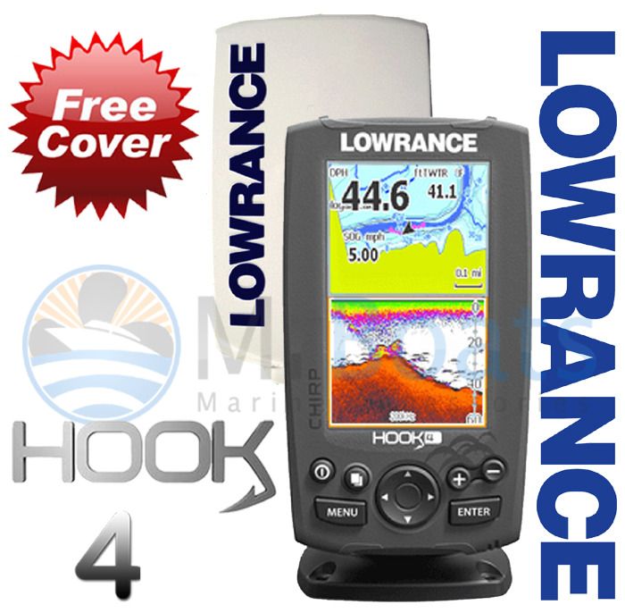 LOWRANCE HOOK 4 FISHFINDER & CHARTPLOTTER + SUN COVER Hybrid Transom ...